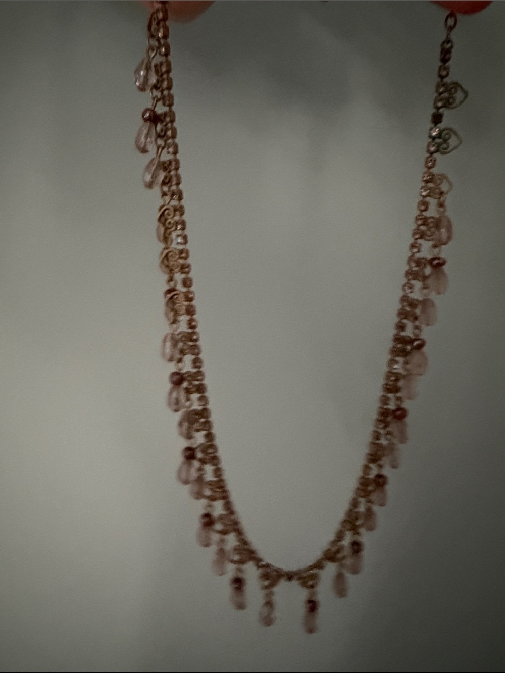 Vintage-Inspired Lavender and Pink Bead Fringe and Heart Charm Necklace